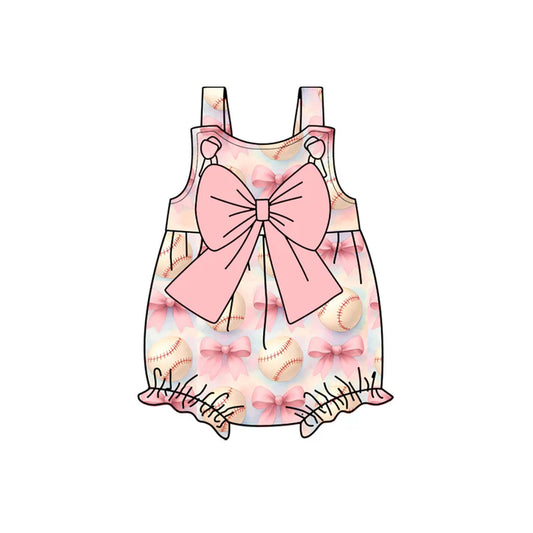 Preorder (moq 5)Baby Girls Pink Strap Bows Baseballs Team Ruffle Rompers 12.29
