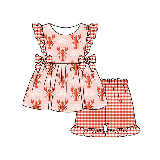 Preorder (moq 5)Baby Girls Pink Bows Crayfishes Tunic Checked Ruffle Shorts Clothes Set 12.31