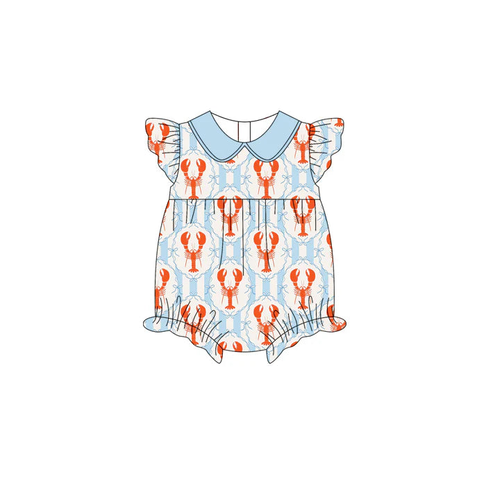 preorder(moq 5) Baby Girls Flutter Sleeve Bows Crayfishes Checked Collar Ruffle Rompers 12.31