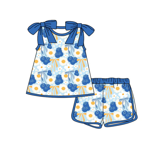 Preorder (moq 5)Baby Girls Bows Sleeveless Daisy Flowers Blueberry Top Shorts Clothes Sets 12.24