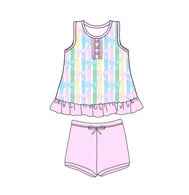 Preorder (moq 5)Baby Girls Colorful Stripe Bows Button Tunic Polka Dots Shorts Clothes Set 12.4