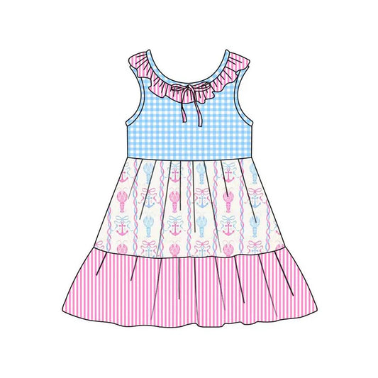 Preorder (moq 5)Baby Girls Collar Bows Crayfishes Checked Stripe Patchwork Knee Length Dresses 12.4