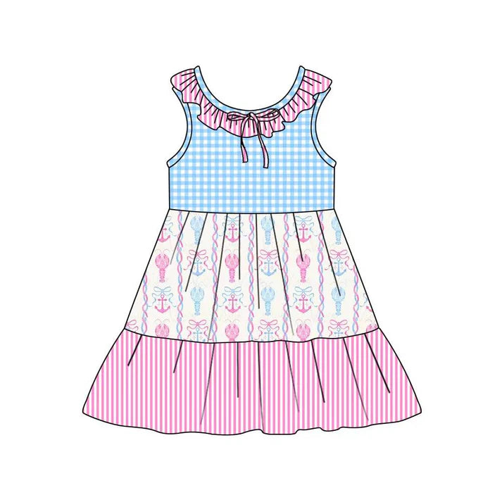 Preorder (moq 5)Baby Girls Collar Bows Crayfishes Checked Stripe Patchwork Knee Length Dresses 12.4