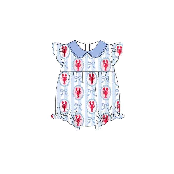 preorder(moq 5) Baby Girls Flutter Sleeve Bows Crayfishes Stripe Collar Ruffle Rompers 12.31