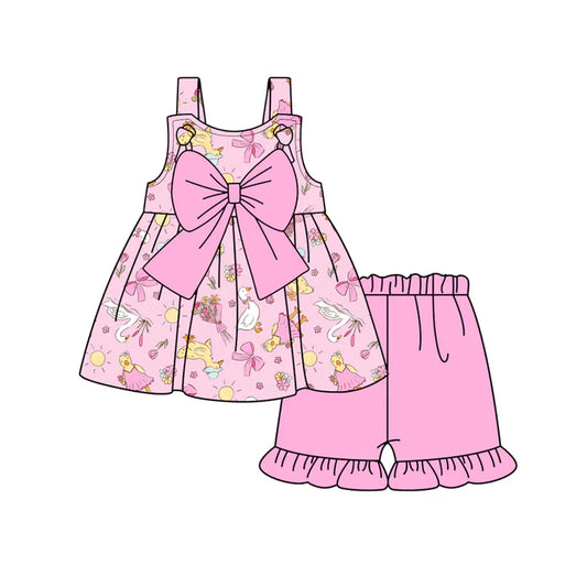 Preorder (moq 5)Baby Girls Pink Strap Flowers Gooses Tunic Ruffle Shorts Clothes Set 12.29