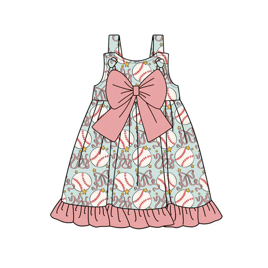 Preorder (moq 5)Baby Girls Strap Bows Baseballs Team Ruffle Knee Length Dresses 12.29