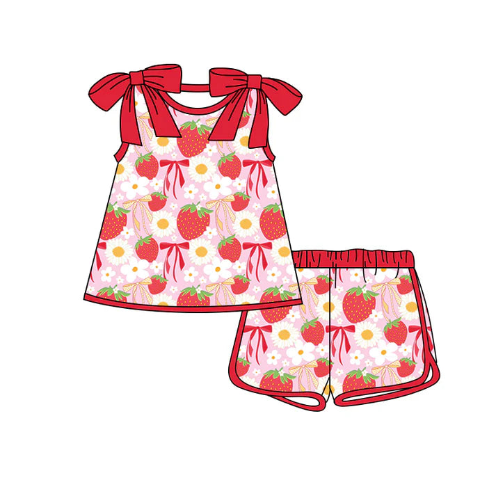 Preorder (moq 5)Baby Girls Bows Sleeveless Daisy Flowers Strawberry Top Shorts Clothes Sets 12.24