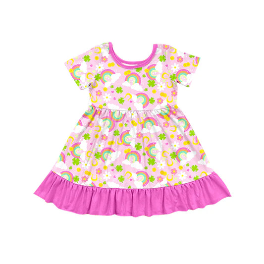 Preorder (moq 5)Baby Girls Rainbows Clovers St Patrick Ruffle Knee Length Dresses 12.31