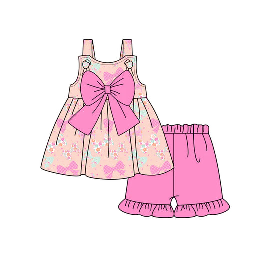 Preorder (moq 5)Baby Girls Pink Strap Flowers Bows Tunic Ruffle Shorts Clothes Set 12.29