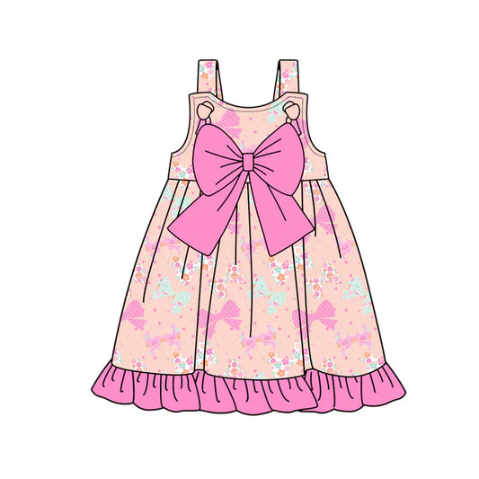 Preorder (moq 5)Baby Girls Pink Strap Flowers Bows Ruffle Knee Length Dresses 12.29