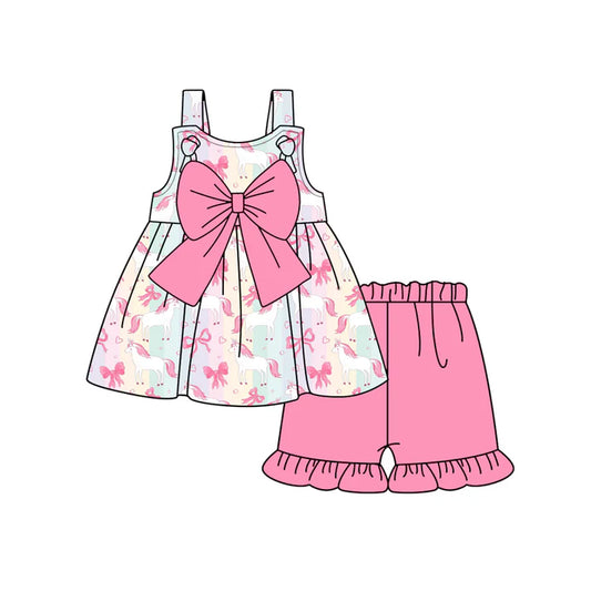 Preorder (moq 5)Baby Girls Strap Bows Hearts Horses Tunic Ruffle Shorts Clothes Set 12.29