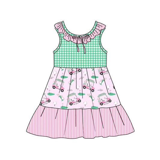 Preorder (moq 5)Baby Girls Collar Golf Flags Checked Stripe Patchwork Knee Length Dresses 12.4