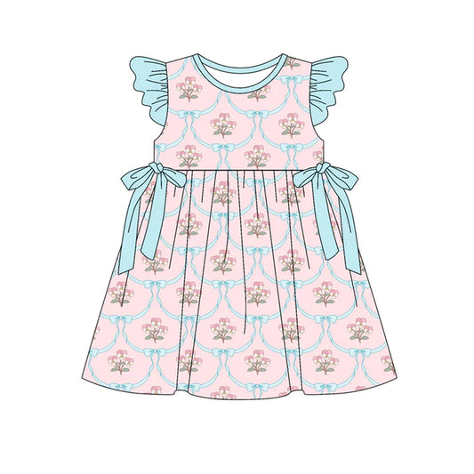 Preorder (moq 5)Baby Girls Flutter Sleeve Flowers Bows Checked Knee Length Dresses 12.30