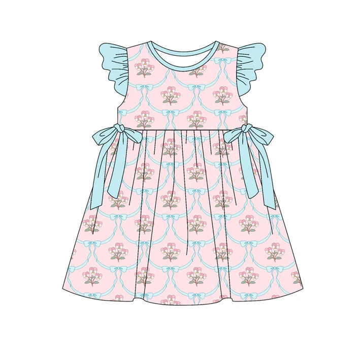 Preorder (moq 5)Baby Girls Flutter Sleeve Flowers Bows Checked Knee Length Dresses 12.30