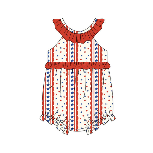 Preorder (moq 5)Baby Girls Sleeveless Stars Stripe 4th of July Collar Ruffle Rompers 12.26
