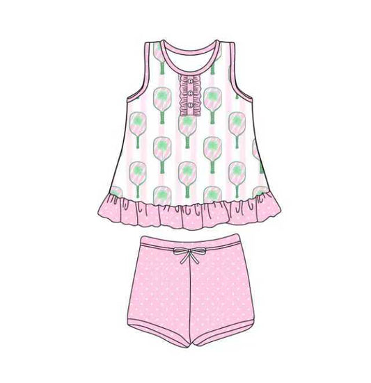 Preorder (moq 5)Baby Girls Pink Stripe Tennis Button Tunic Polka Dots Shorts Team Clothes Set 12.4