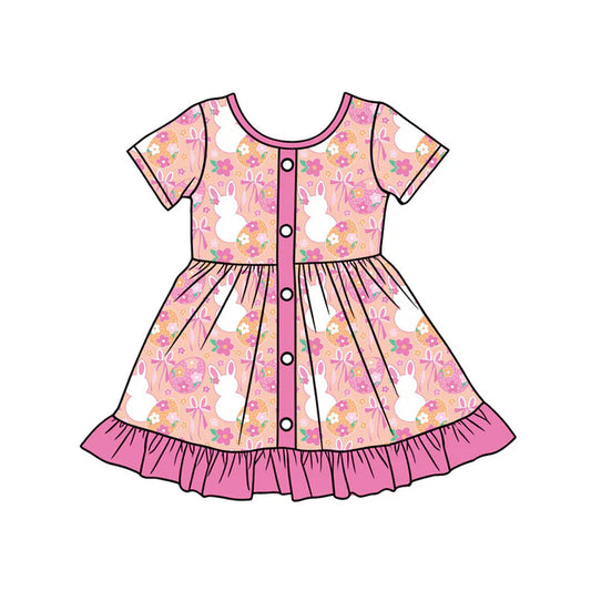 Preorder (moq 5)Baby Girls Flowers Rabbits Button Easter Ruffle Knee Length Dresses 12.24