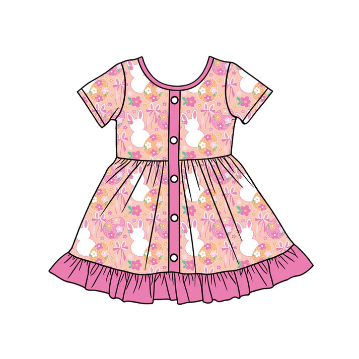 Preorder (moq 5)Baby Girls Flowers Rabbits Button Easter Ruffle Knee Length Dresses 12.24