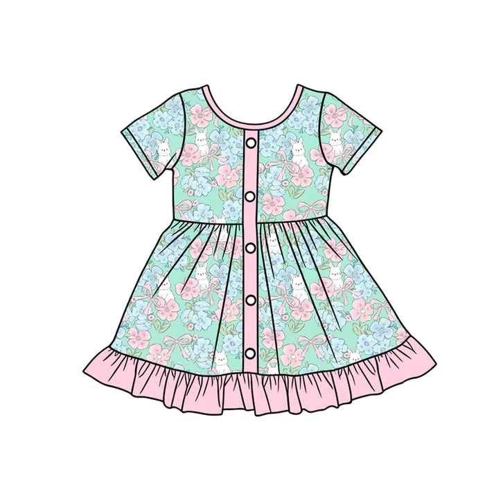 Preorder (moq 5)Baby Girls Flowers Rabbits Button Easter Ruffle Knee Length Dresses 12.24