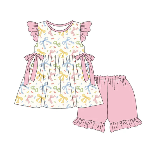 Preorder (moq 5)Baby Girls Flutter Sleeve Colorful Bows Tunic Ruffle Shorts Clothes Set 12.30