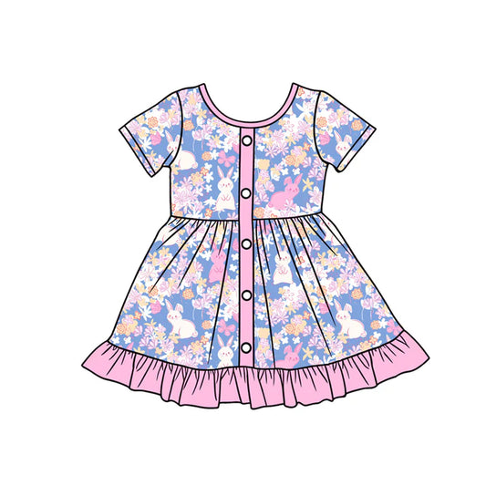 Preorder (moq 5)Baby Girls Flowers Rabbits Button Easter Ruffle Knee Length Dresses 12.24
