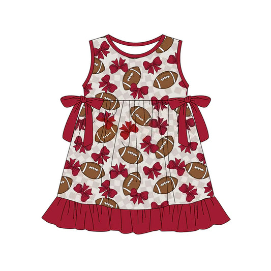 Preorder (moq 5)Baby Girls Bow Footballs Checked Team Ruffle Knee Length Dresses 12.30