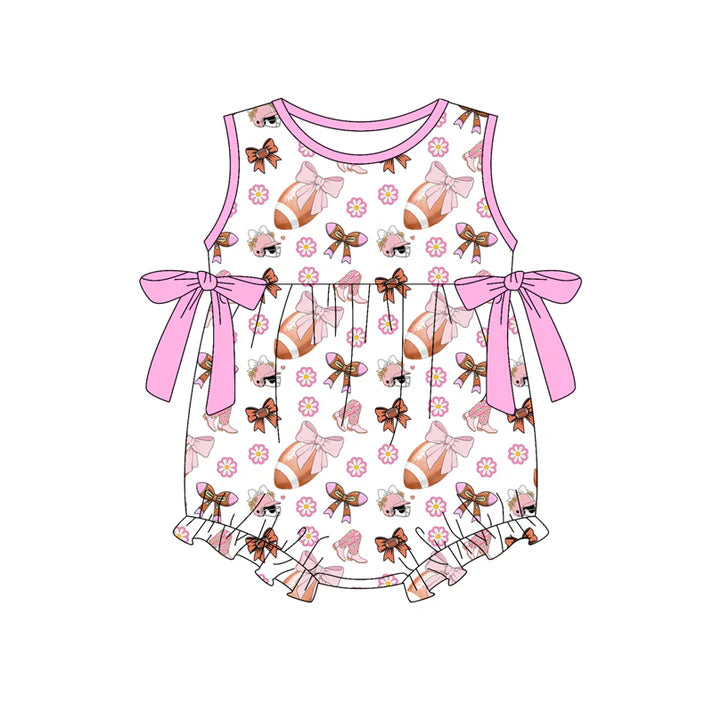 Preorder (moq 5)Baby Girls Sleeveless Flower Footballs Bows Team Ruffle Rompers 12.30