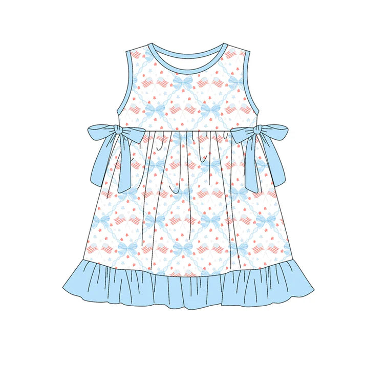 Preorder (moq 5)Baby Girls Bows Flags Checked 4th of July Ruffle Knee Length Dresses 12.30