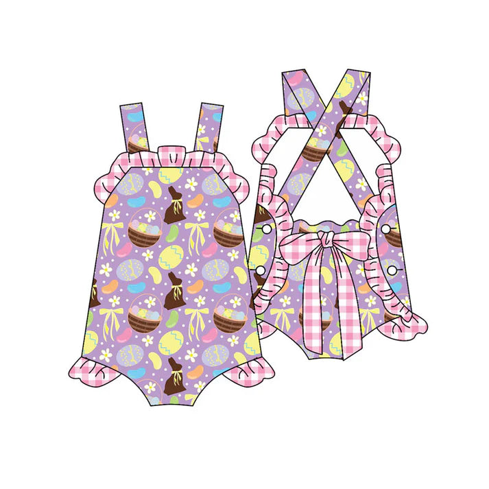 Preorder (moq 5)Baby Girls Strap Rabbits Eggs Back Bows Easter Ruffle Rompers 12.30