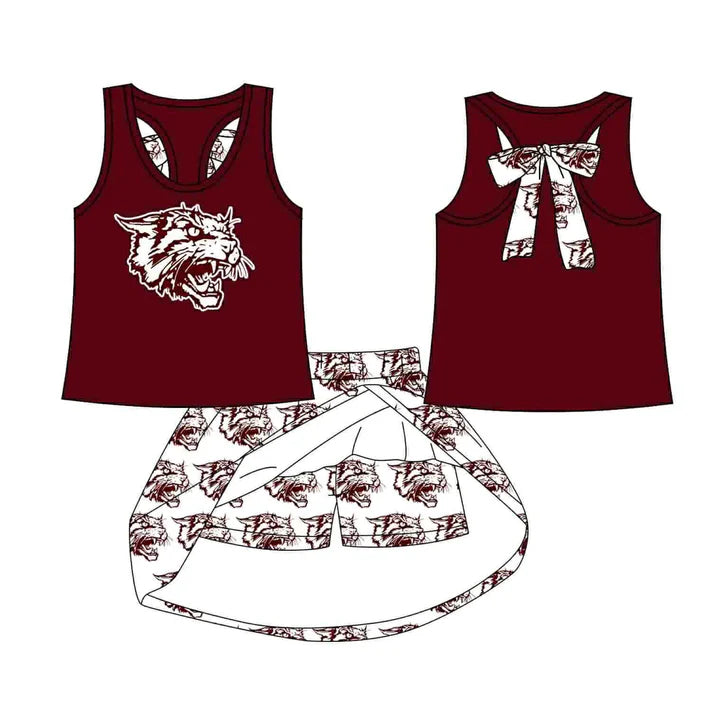 Preorder (moq 5)Baby Girls Wine Leopard vest team Top Skirt Skort Sets 8.12