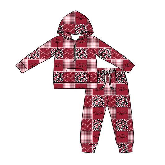 Preorder (moq 5)Baby Boys Camo Red Bulls Checked Zipper Pockets Hoodies Pants Team Clothes Sets 11.27