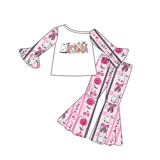 Preorder(moq 5) Baby Girls Halloween Spooky Season Top Bell Pants Outfits Sets 8.7