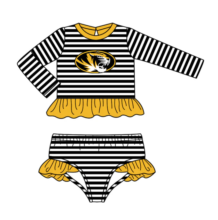 Preorder (moq 5)Baby Girls Black Stripe Tiger Ruffle Top Bummies Team 2 Piece Swimsuits 12.25