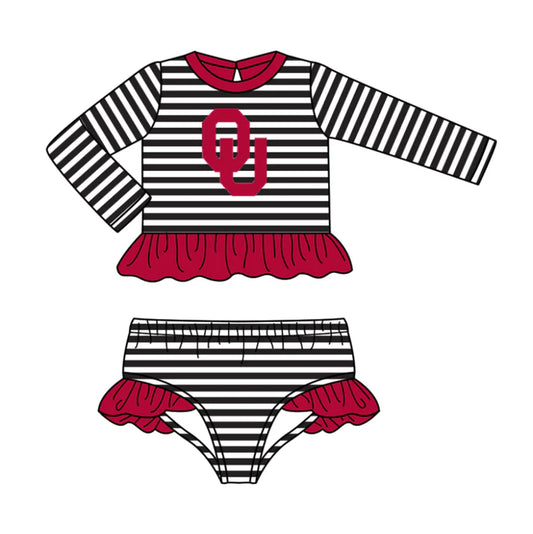 Preorder (moq 5)Baby Girls Black Stripe OU Ruffle Top Bummies Team 2 Piece Swimsuits 12.24
