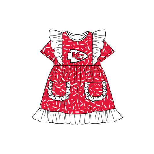 Preorder (moq 5)Baby Girls Flutter Short Sleeve Red Sprinkles KC Pockets Team Ruffle Knee Length Dresses 12.13