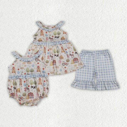 Sibling Baby Girls Pigs Cows Tunic Checked Ruffle Short Farm Clothes Set Rompers
