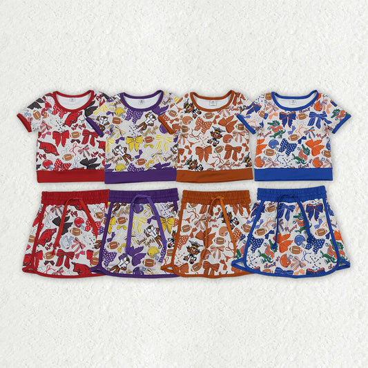 Sibling Baby Girls Short Sleeve Bows Footballs Top Skirt Shorts Team Clothes Sets