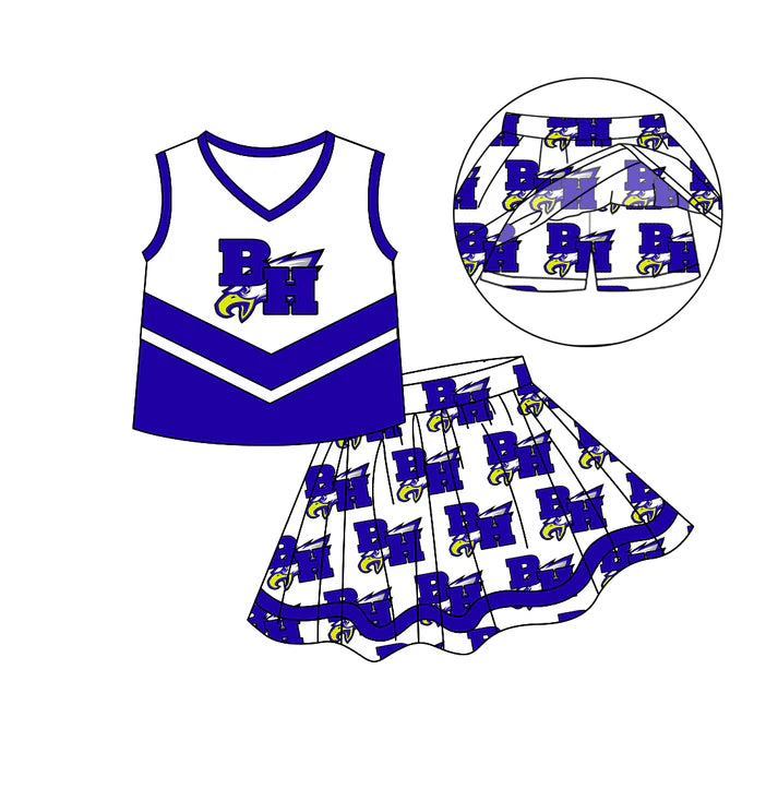 Preorder (moq 5)Baby Girls Blue Eagle Cheer Team Top Skort Skirts Clothes Sets 6.14