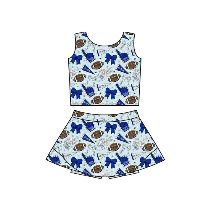 Preorder moq 5 Baby Girls Sleeveless Blue Football Cheer Plaid Vest Top Skorts Team Set 7.11