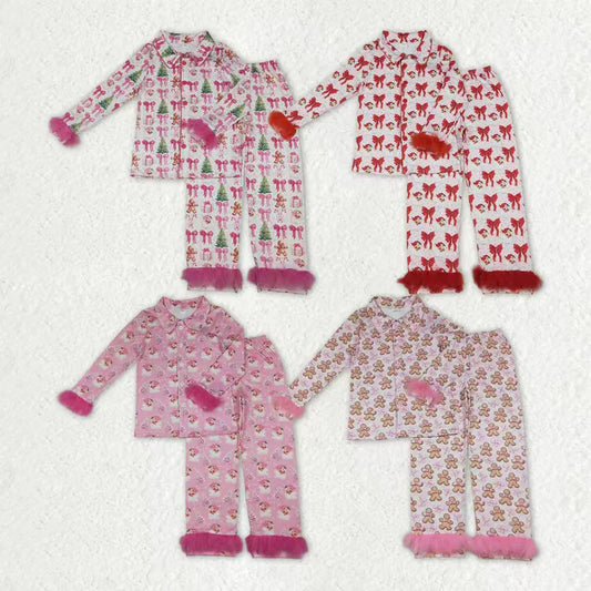 Sibling Adult Women Bows Santa Trees Button Top Pants Christmas Fur Pajamas Sets 11.5