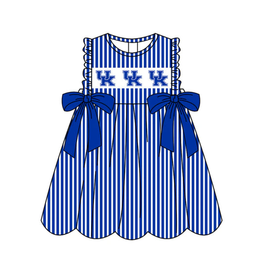 Preorder (moq 5)Baby Girls Sleeveless Hot Blue Stripe UK Bows Team Knee Length Dresses 11.25