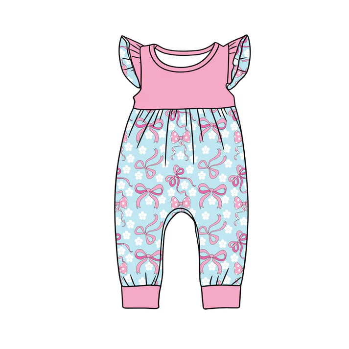 Preorder (moq 5)Baby Girls Flutter Sleeve Bows Flowers Checked Pant Rompers 12.24