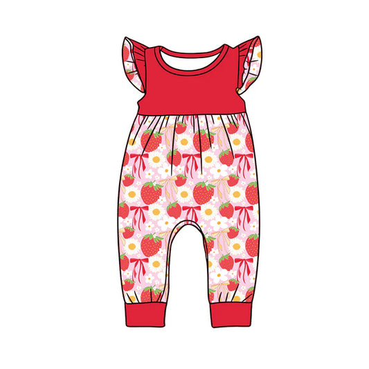 Preorder (moq 5)Baby Girls Red Flutter Sleeve Daisy Flowers Strawberry Pant Rompers 12.24