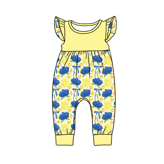 Preorder (moq 5)Baby Girls Yellow Flutter Sleeve Flowers Lemons Pant Rompers 12.24