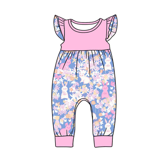 Preorder (moq 5)Baby Girls Flutter Sleeve Flowers Rabbits Easter Pant Rompers 12.24