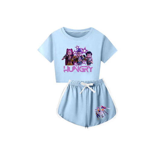 Preorder(moq 5) Baby Girls Cartoon Girls Hungry Top Shorts Light Blue Clothes Sets 10.4