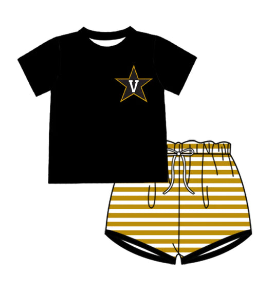 Preorder (moq 5)Baby Boys Black Stars V Top Gold Stripe Shorts Team Clothes Sets 12.27