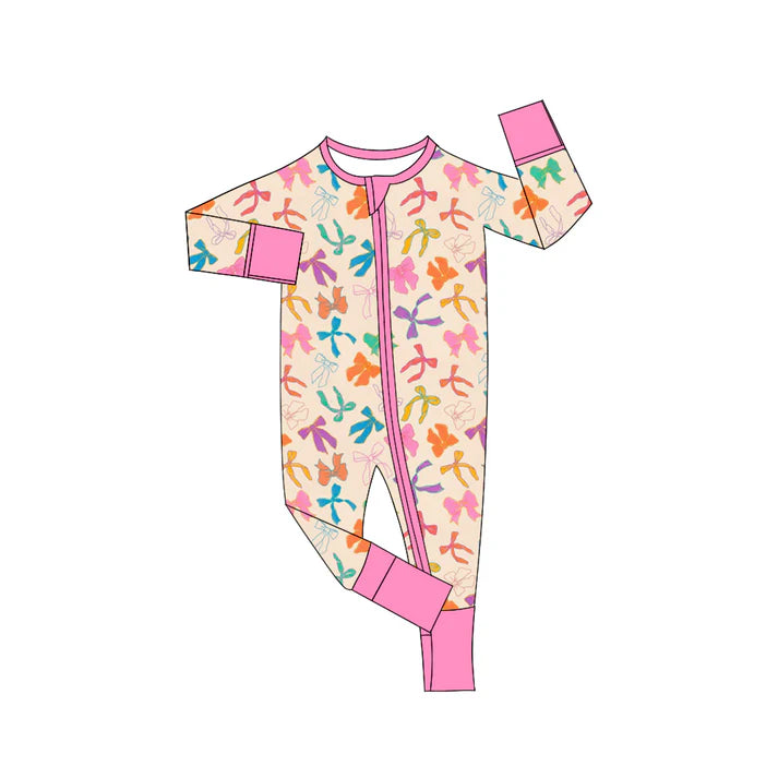 Preorder (moq 5)Baby Girls Pink Colorful Bows Long Sleeves Zipper Rompers 6.7