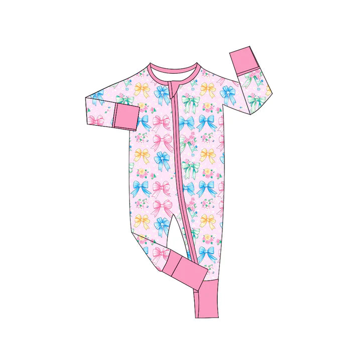 Preorder (moq 5)Baby Girls Colorful Bows Long Sleeves Zipper Rompers 6.7