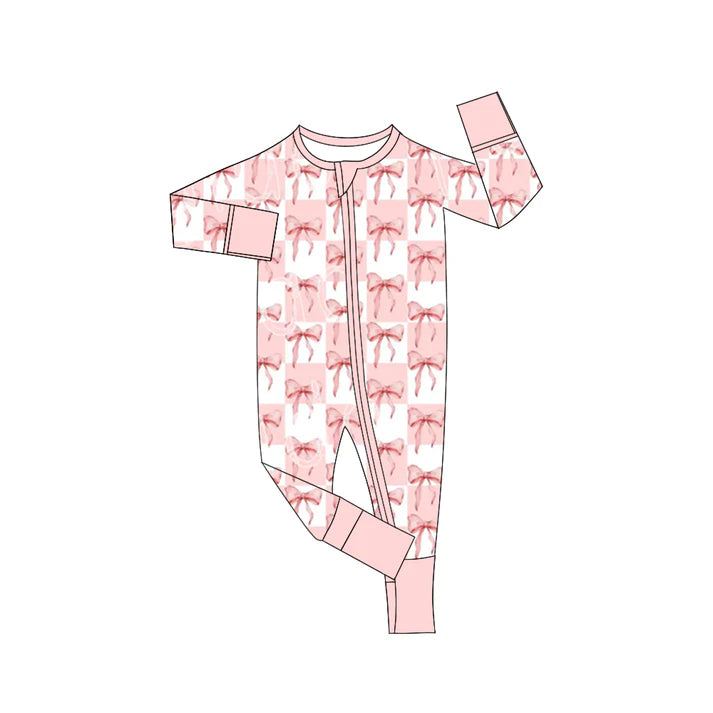 Preorder (moq 5)Baby Girls Pink Bows Checkered Long Sleeves Zipper Rompers 6.7